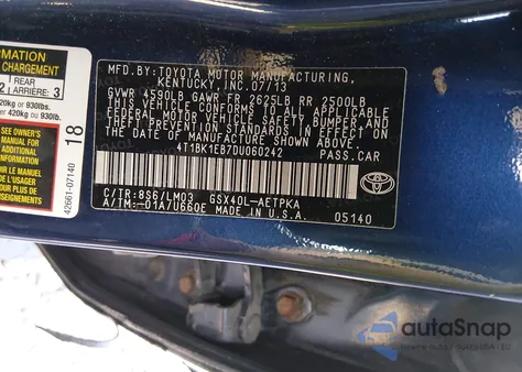 2013 Toyota Avalon Limited из США, поврежденный, VIN 4T1BK1EB7DU060242